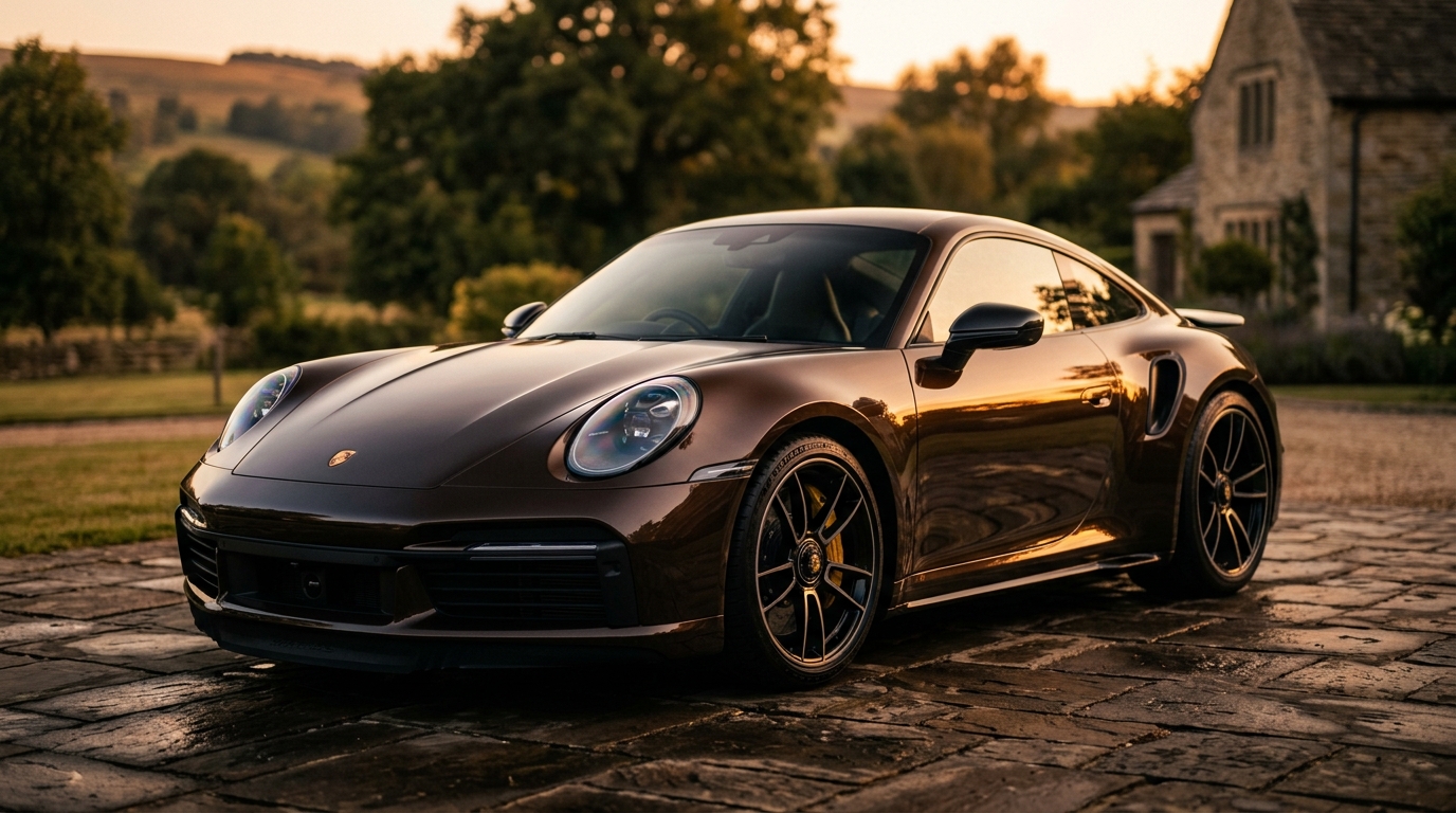 Porsche 911 Turbo in espresso brown after a ceramic detail